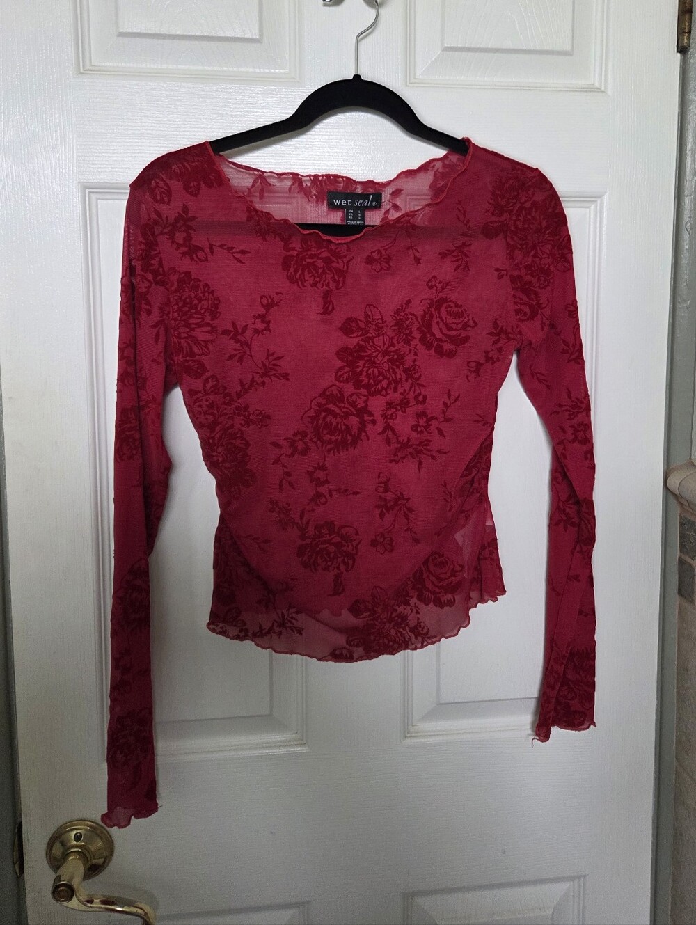 Wet Seal Rose-Print Red Sheer Long Sleeve Top Whimsigoth Fairycore Y2K Rave Lrg